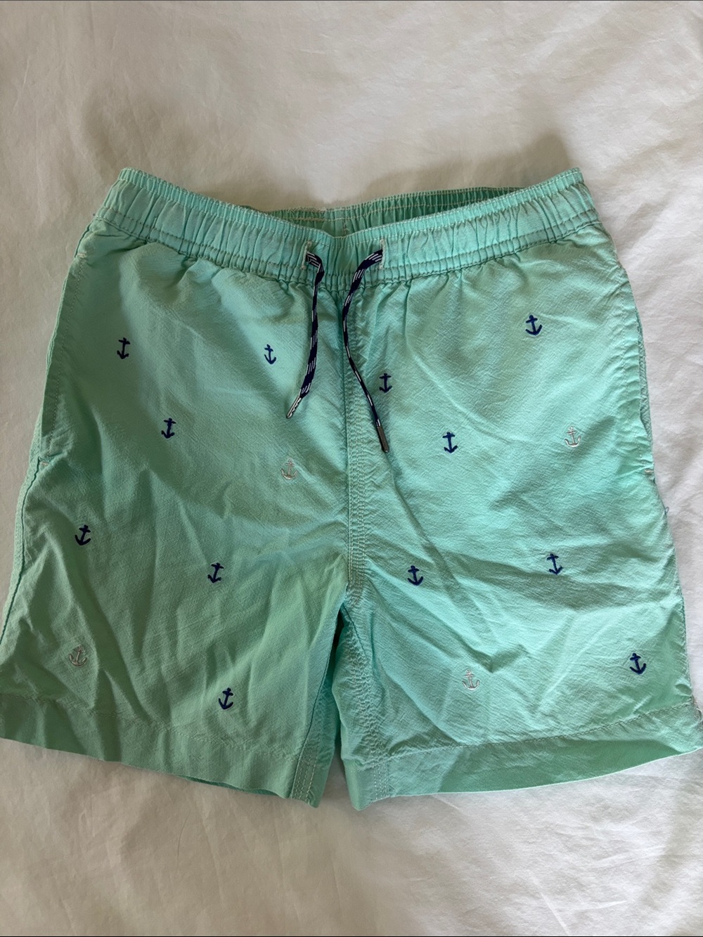 Boys Mint Green Anchor-Embroidered Swim Shorts